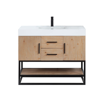 Bianco 42" Single Bathroom Vanity in Light Brown with Matte Black Support Base and White Engineered Stone Countertop without Mirror