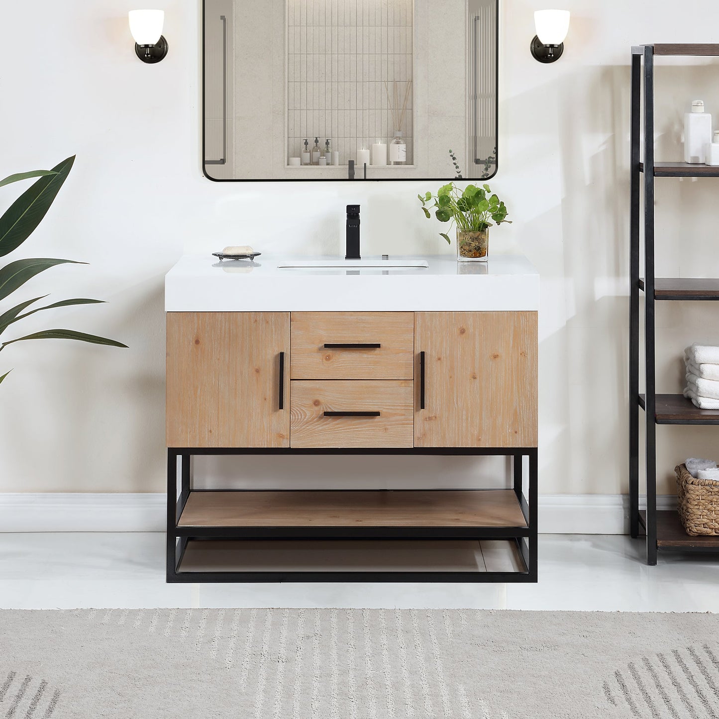 Bianco 42" Single Bathroom Vanity in Light Brown with Matte Black Support Base and White Engineered Stone Countertop without Mirror