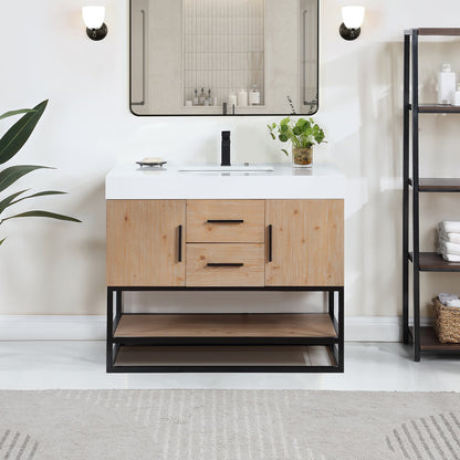 Bianco 42" Single Bathroom Vanity in Light Brown with Matte Black Support Base and White Engineered Stone Countertop without Mirror