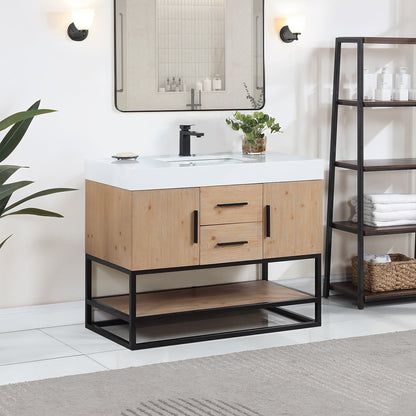 Bianco 42" Single Bathroom Vanity in Light Brown with Matte Black Support Base and White Engineered Stone Countertop without Mirror