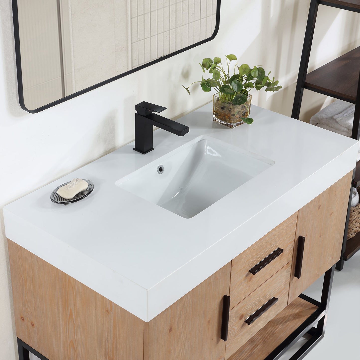 Bianco 42" Single Bathroom Vanity in Light Brown with Matte Black Support Base and White Engineered Stone Countertop without Mirror