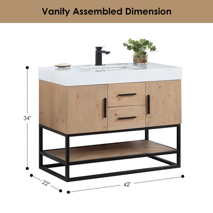 Bianco 42" Single Bathroom Vanity in Light Brown with Matte Black Support Base and White Engineered Stone Countertop with Mirror