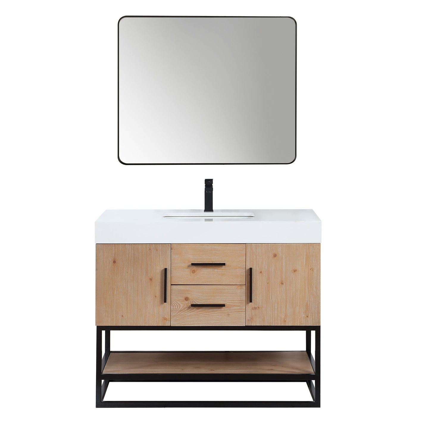 Bianco 42" Single Bathroom Vanity in Light Brown with Matte Black Support Base and White Engineered Stone Countertop with Mirror