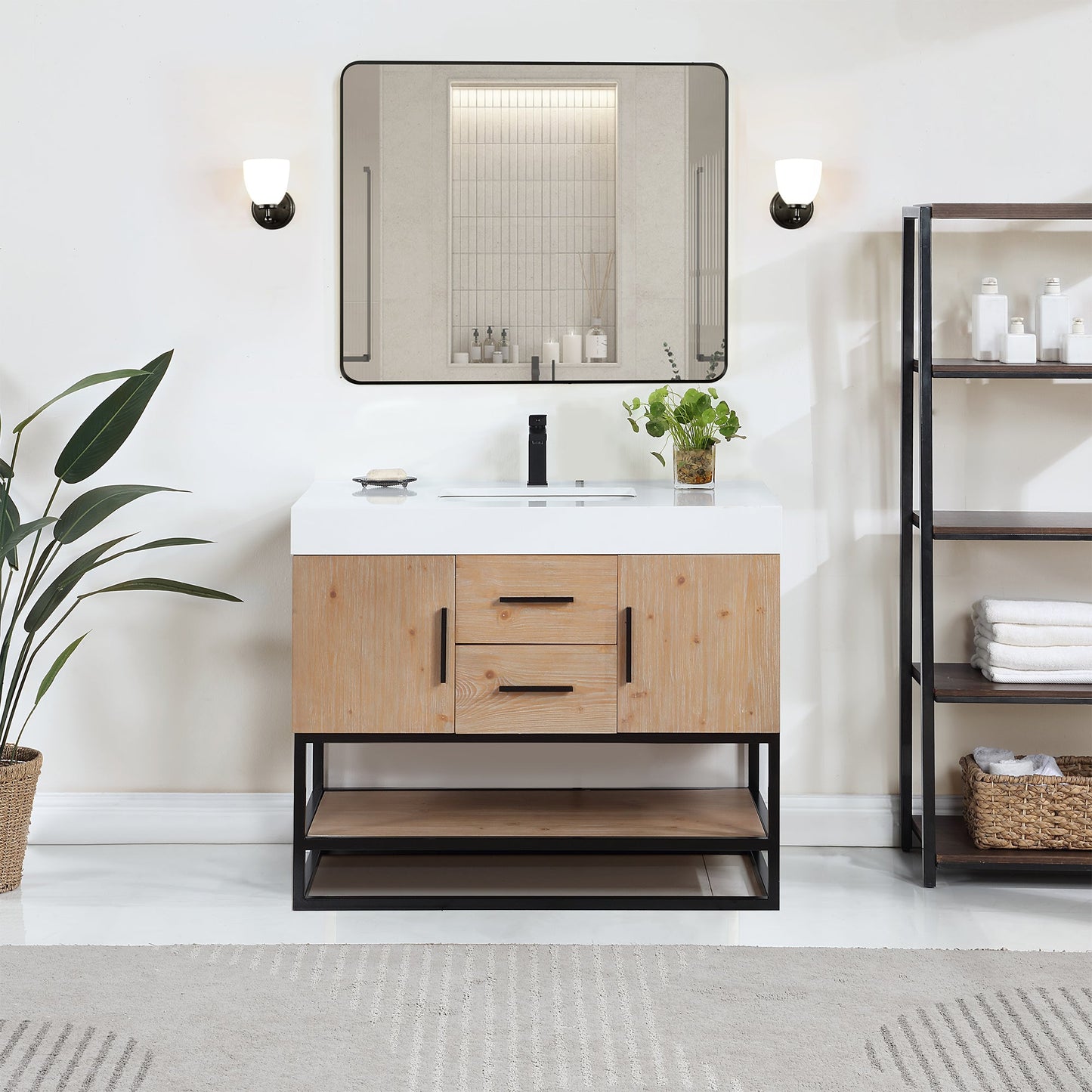 Bianco 42" Single Bathroom Vanity in Light Brown with Matte Black Support Base and White Engineered Stone Countertop with Mirror