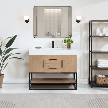 Bianco 42" Single Bathroom Vanity in Light Brown with Matte Black Support Base and White Engineered Stone Countertop with Mirror