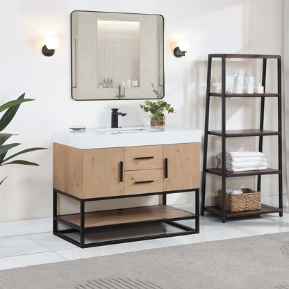 Bianco 42" Single Bathroom Vanity in Light Brown with Matte Black Support Base and White Engineered Stone Countertop with Mirror