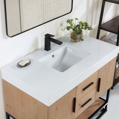 Bianco 42" Single Bathroom Vanity in Light Brown with Matte Black Support Base and White Engineered Stone Countertop with Mirror