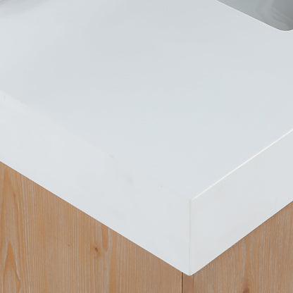 Bianco 42" Single Bathroom Vanity in Light Brown with Matte Black Support Base and White Engineered Stone Countertop with Mirror