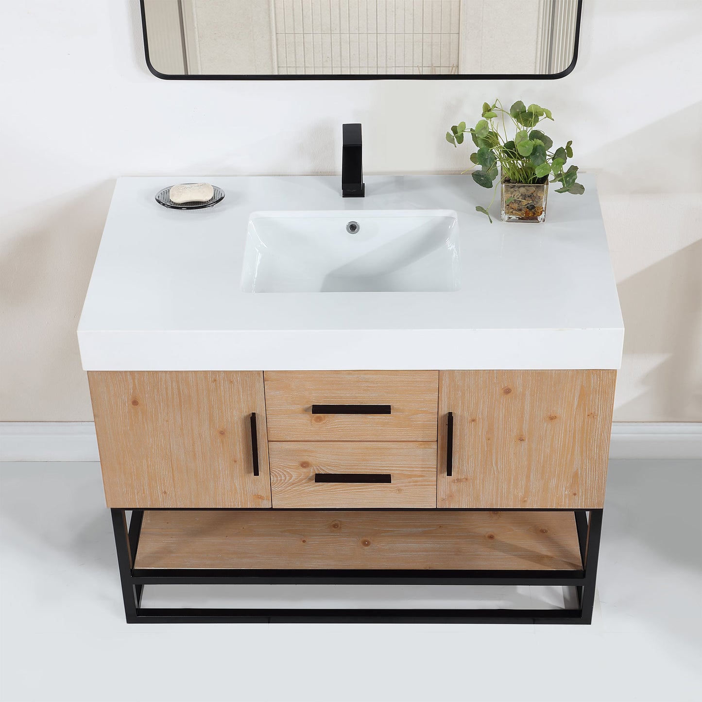 Bianco 42" Single Bathroom Vanity in Light Brown with Matte Black Support Base and White Engineered Stone Countertop with Mirror