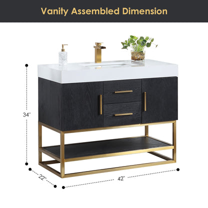 Bianco 42" Single Bathroom Vanity in Black Oak with Brushed Gold Support Base and White Engineered Stone Countertop without Mirror