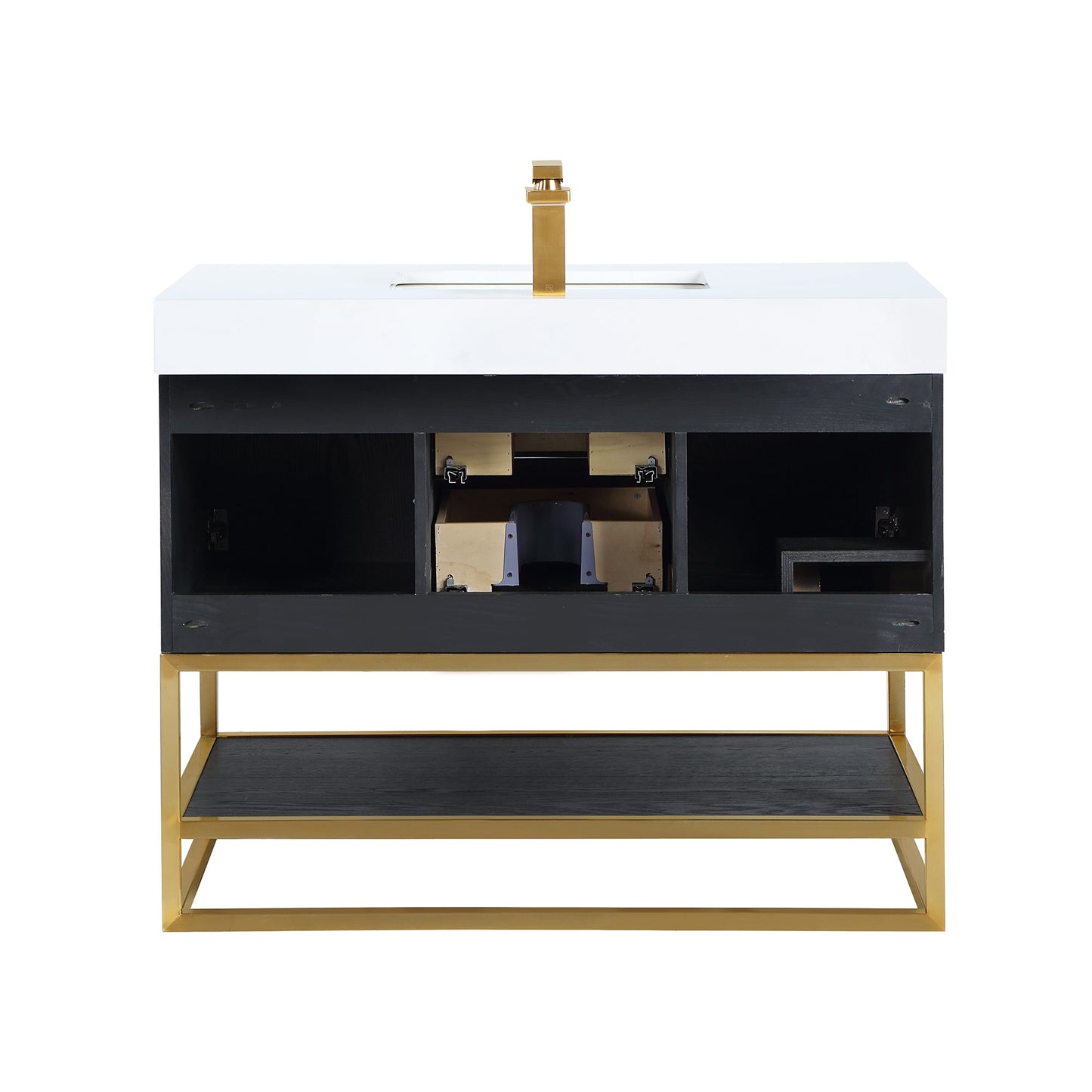 Bianco 42" Single Bathroom Vanity in Black Oak with Brushed Gold Support Base and White Engineered Stone Countertop without Mirror