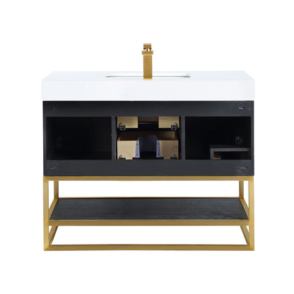 Bianco 42" Single Bathroom Vanity in Black Oak with Brushed Gold Support Base and White Engineered Stone Countertop without Mirror