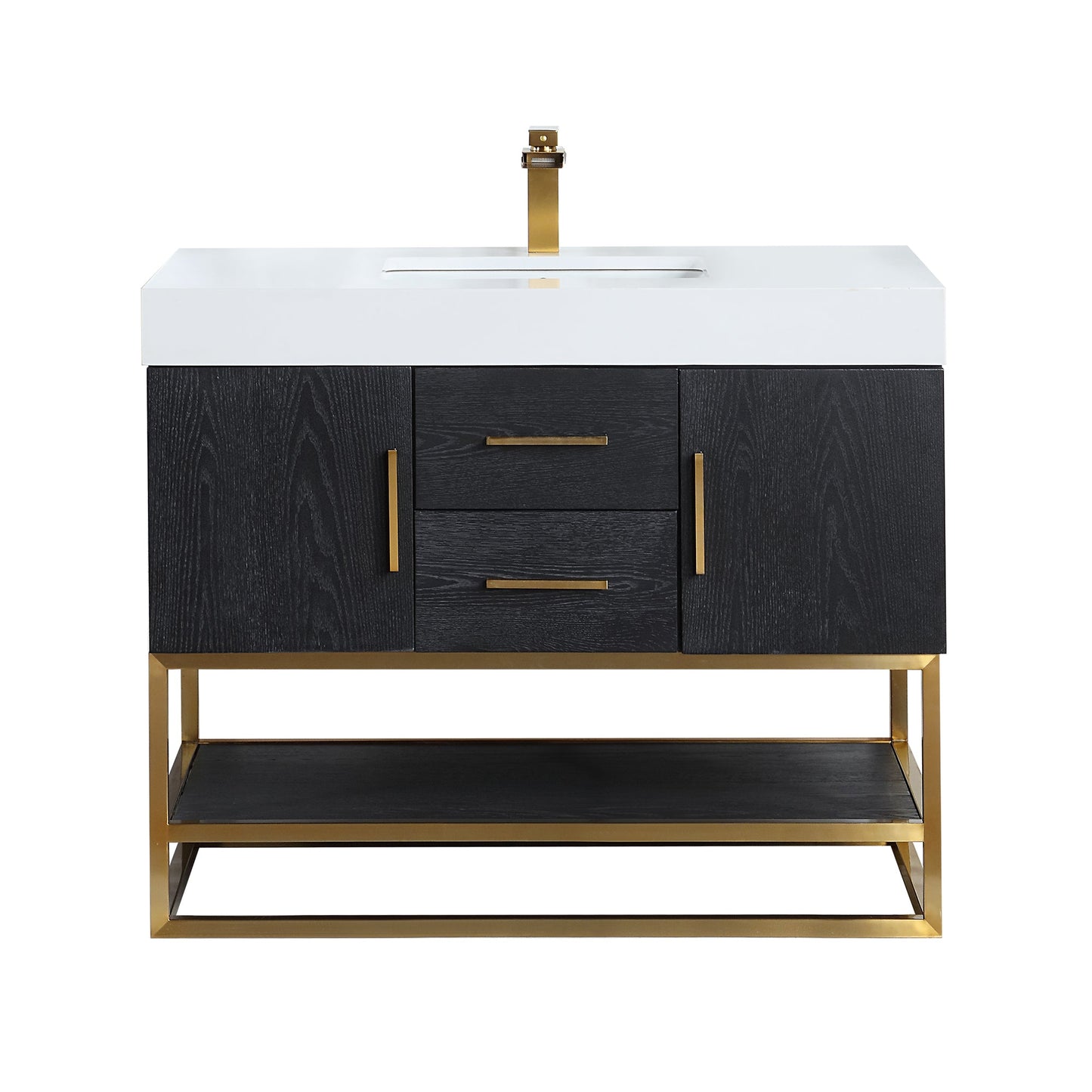 Bianco 42" Single Bathroom Vanity in Black Oak with Brushed Gold Support Base and White Engineered Stone Countertop without Mirror