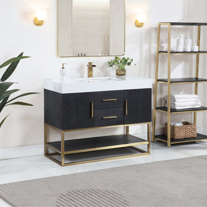Bianco 42" Single Bathroom Vanity in Black Oak with Brushed Gold Support Base and White Engineered Stone Countertop without Mirror