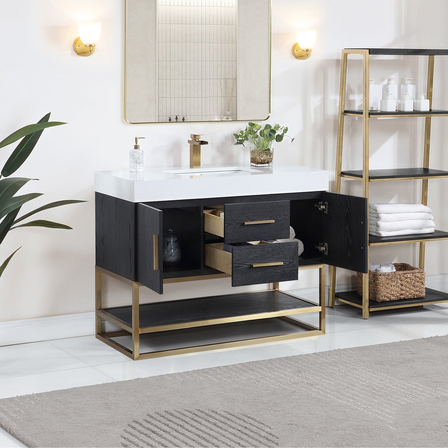 Bianco 42" Single Bathroom Vanity in Black Oak with Brushed Gold Support Base and White Engineered Stone Countertop without Mirror