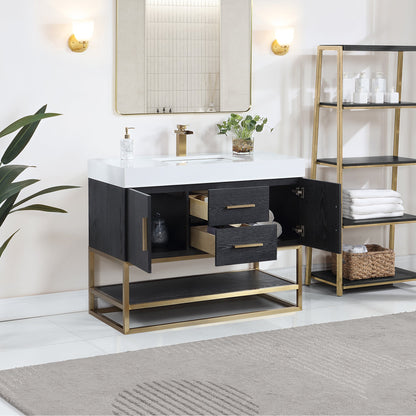 Bianco 42" Single Bathroom Vanity in Black Oak with Brushed Gold Support Base and White Engineered Stone Countertop without Mirror