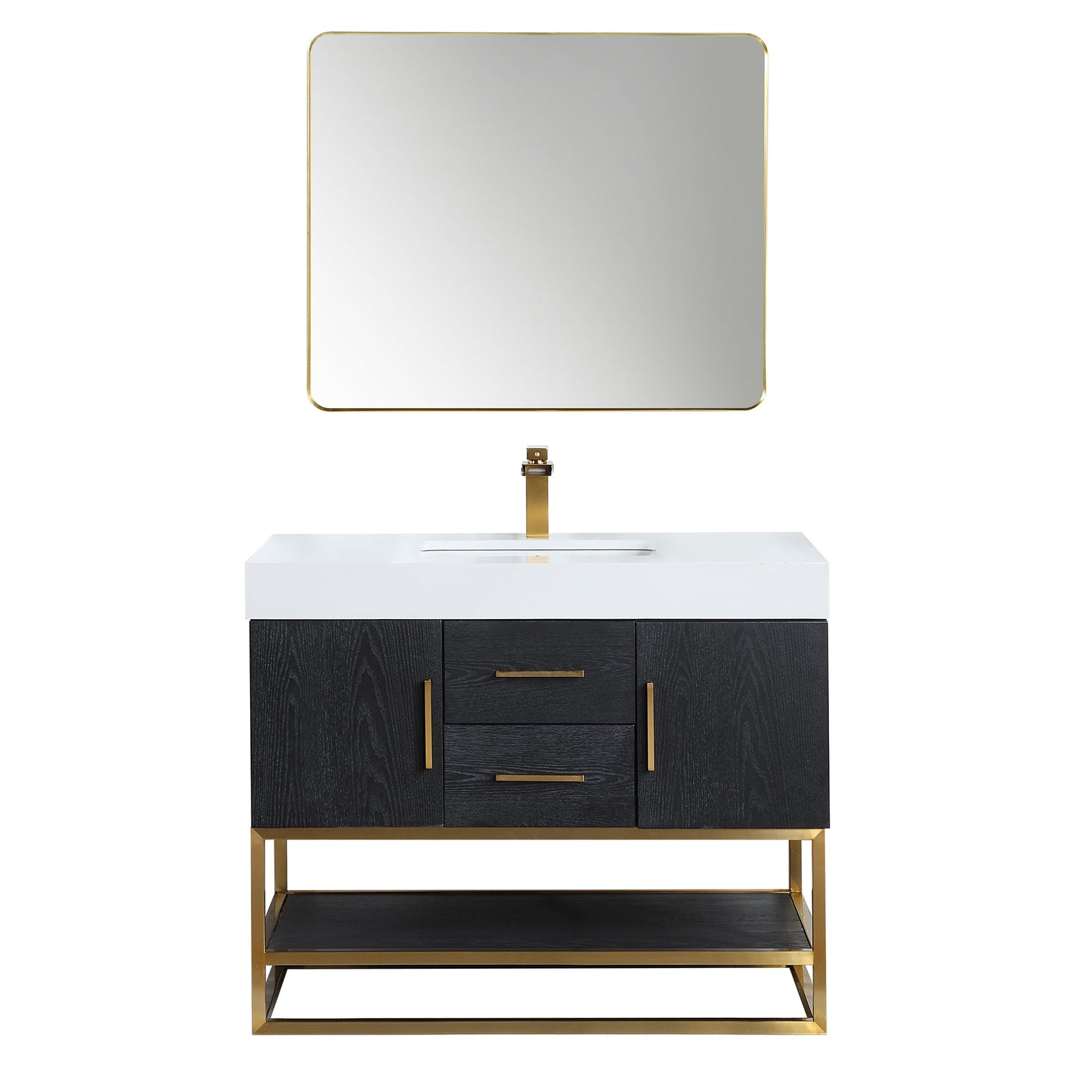 Bianco 42" Single Bathroom Vanity in Black Oak with Brushed Gold Support Base and White Engineered Stone Countertop with Mirror