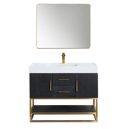 Bianco 42" Single Bathroom Vanity in Black Oak with Brushed Gold Support Base and White Engineered Stone Countertop with Mirror