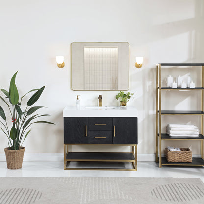 Bianco 42" Single Bathroom Vanity in Black Oak with Brushed Gold Support Base and White Engineered Stone Countertop with Mirror