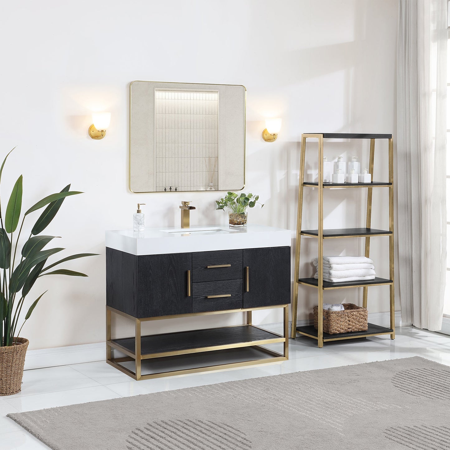 Bianco 42" Single Bathroom Vanity in Black Oak with Brushed Gold Support Base and White Engineered Stone Countertop with Mirror