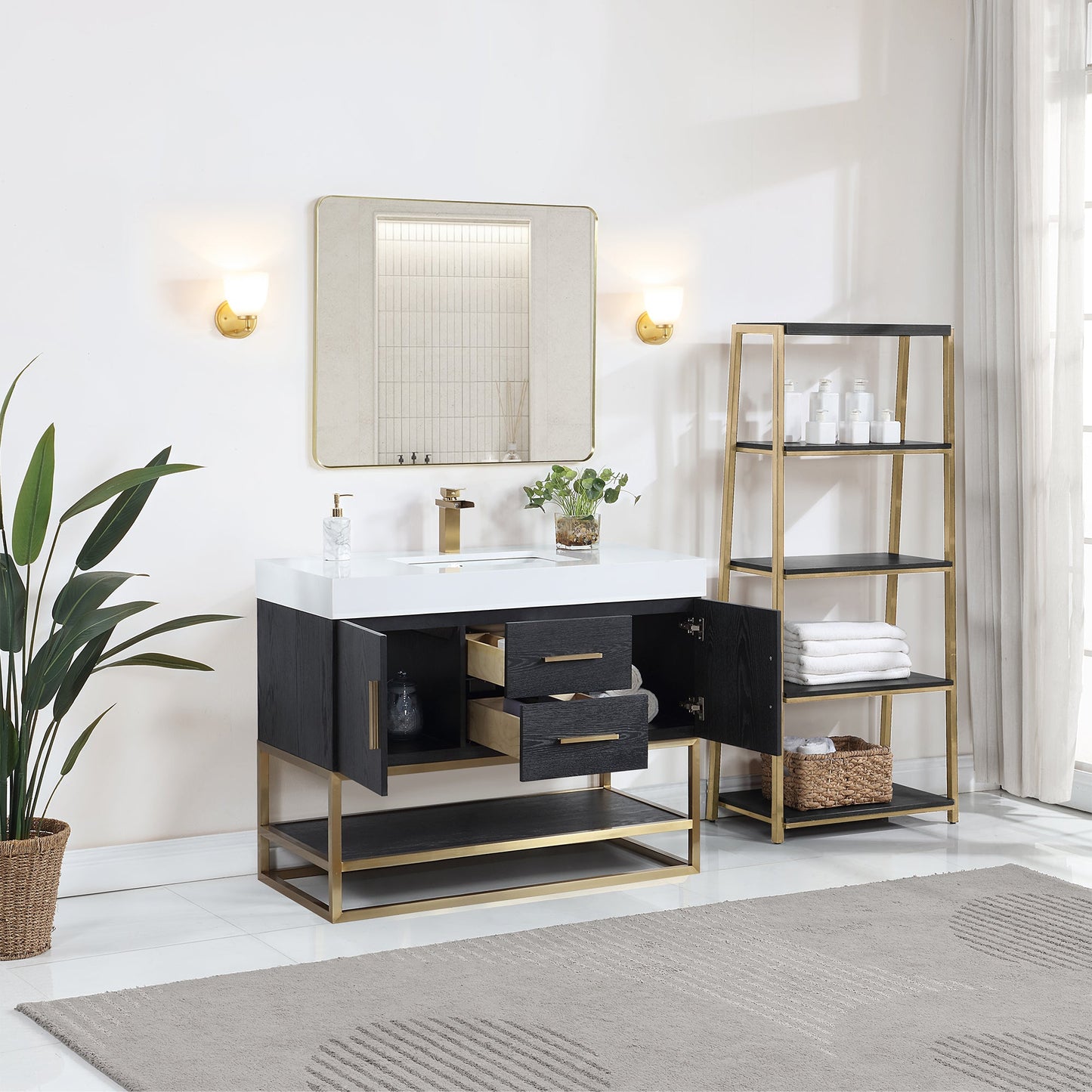 Bianco 42" Single Bathroom Vanity in Black Oak with Brushed Gold Support Base and White Engineered Stone Countertop with Mirror