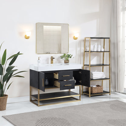 Bianco 42" Single Bathroom Vanity in Black Oak with Brushed Gold Support Base and White Engineered Stone Countertop with Mirror
