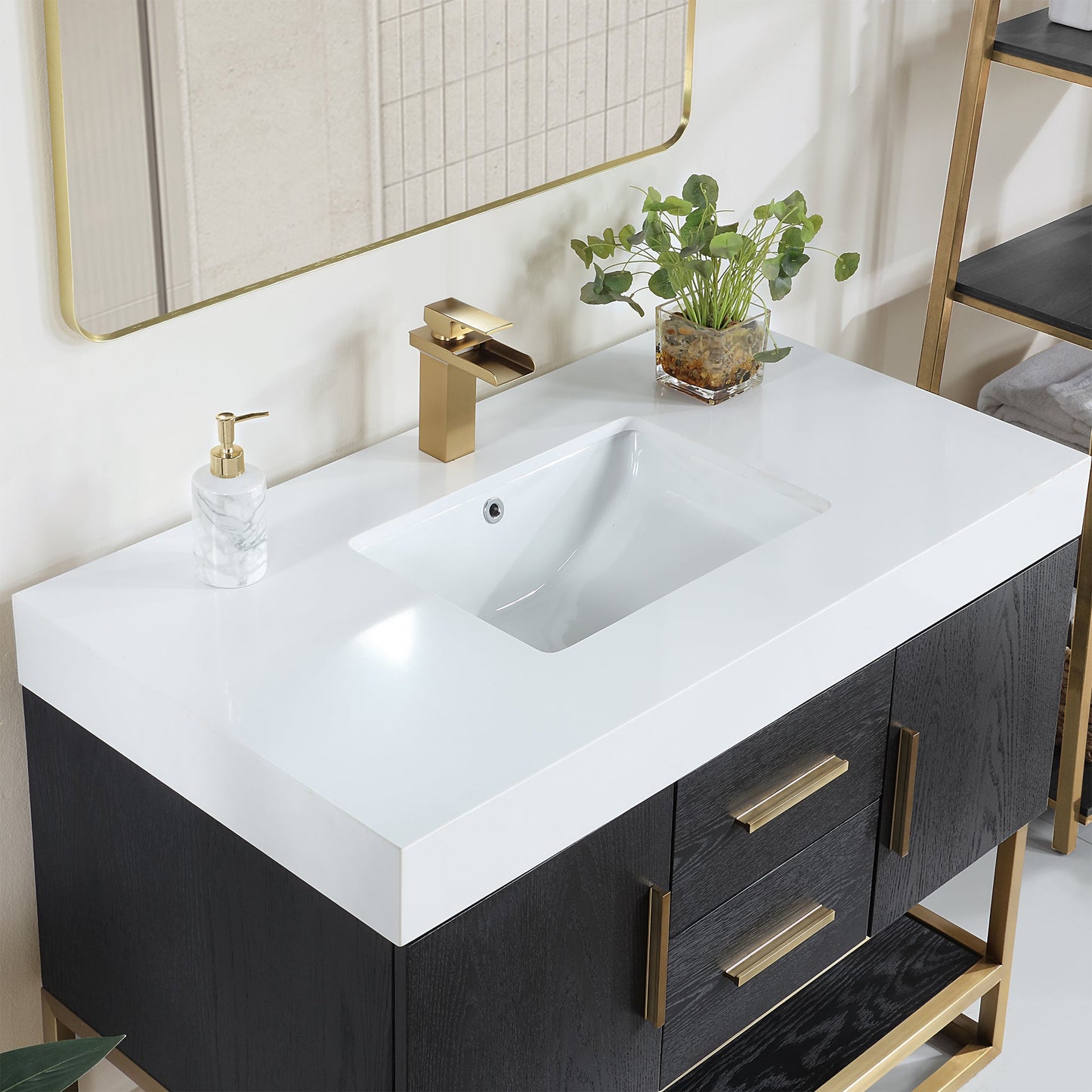 Bianco 42" Single Bathroom Vanity in Black Oak with Brushed Gold Support Base and White Engineered Stone Countertop with Mirror