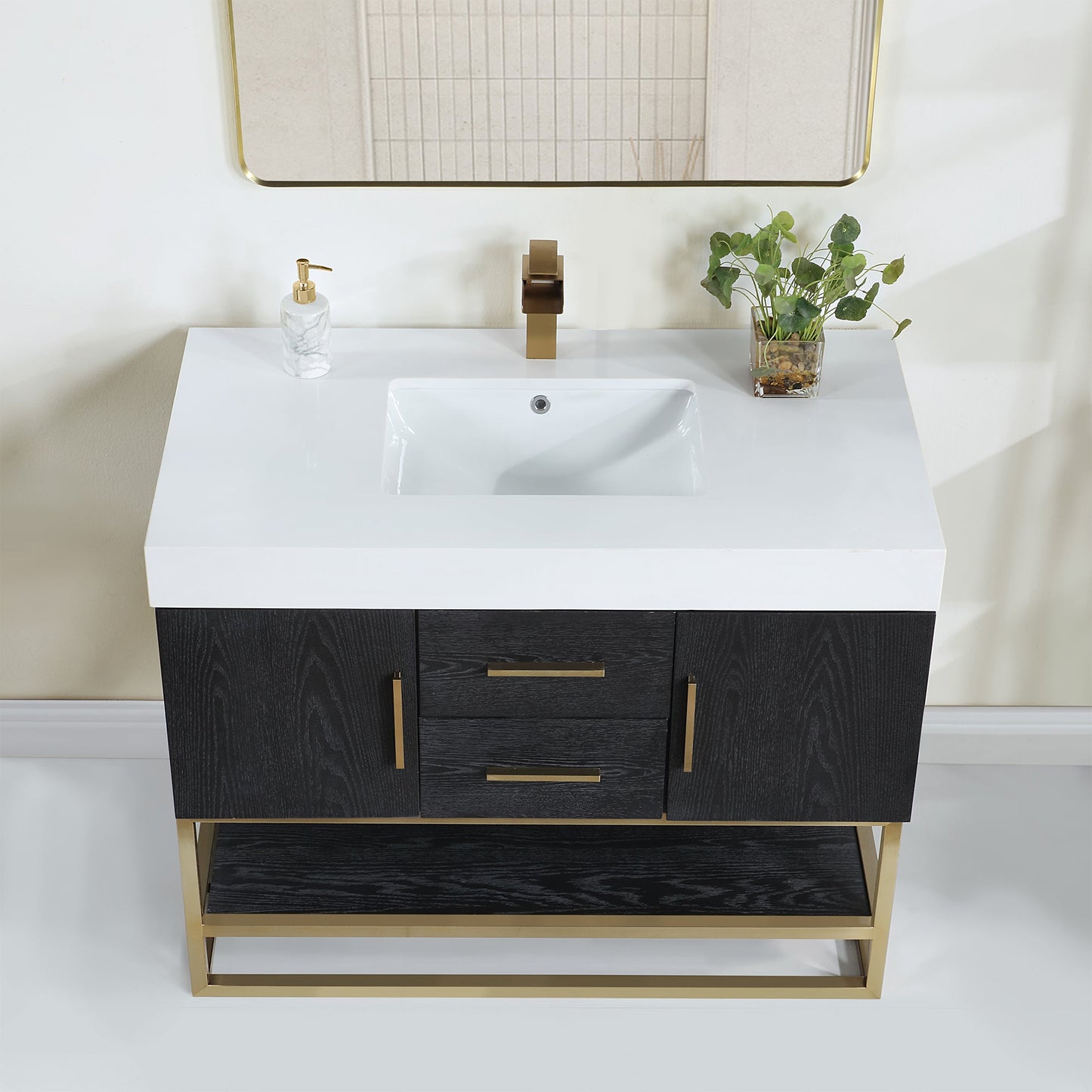 Bianco 42" Single Bathroom Vanity in Black Oak with Brushed Gold Support Base and White Engineered Stone Countertop with Mirror