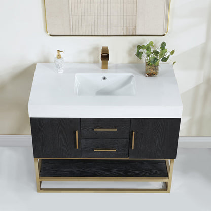 Bianco 42" Single Bathroom Vanity in Black Oak with Brushed Gold Support Base and White Engineered Stone Countertop with Mirror