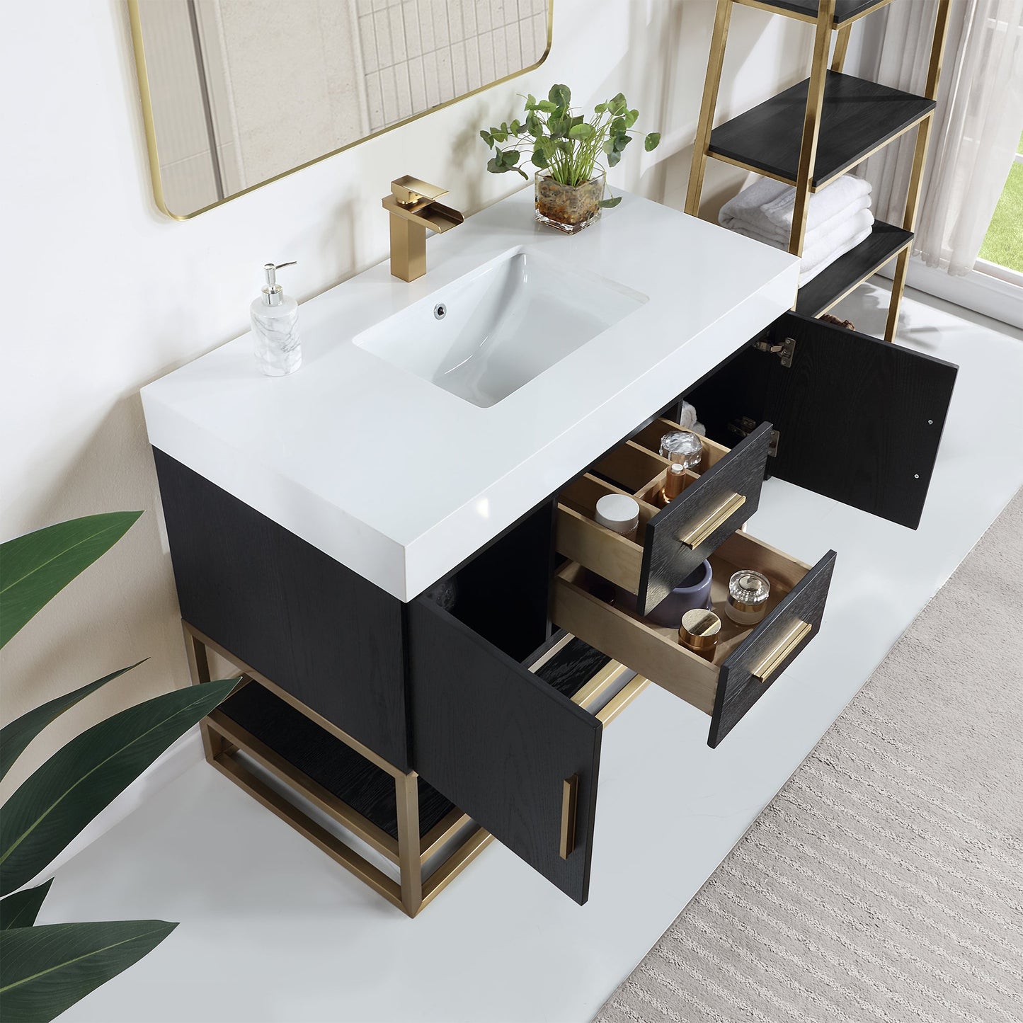 Bianco 42" Single Bathroom Vanity in Black Oak with Brushed Gold Support Base and White Engineered Stone Countertop with Mirror