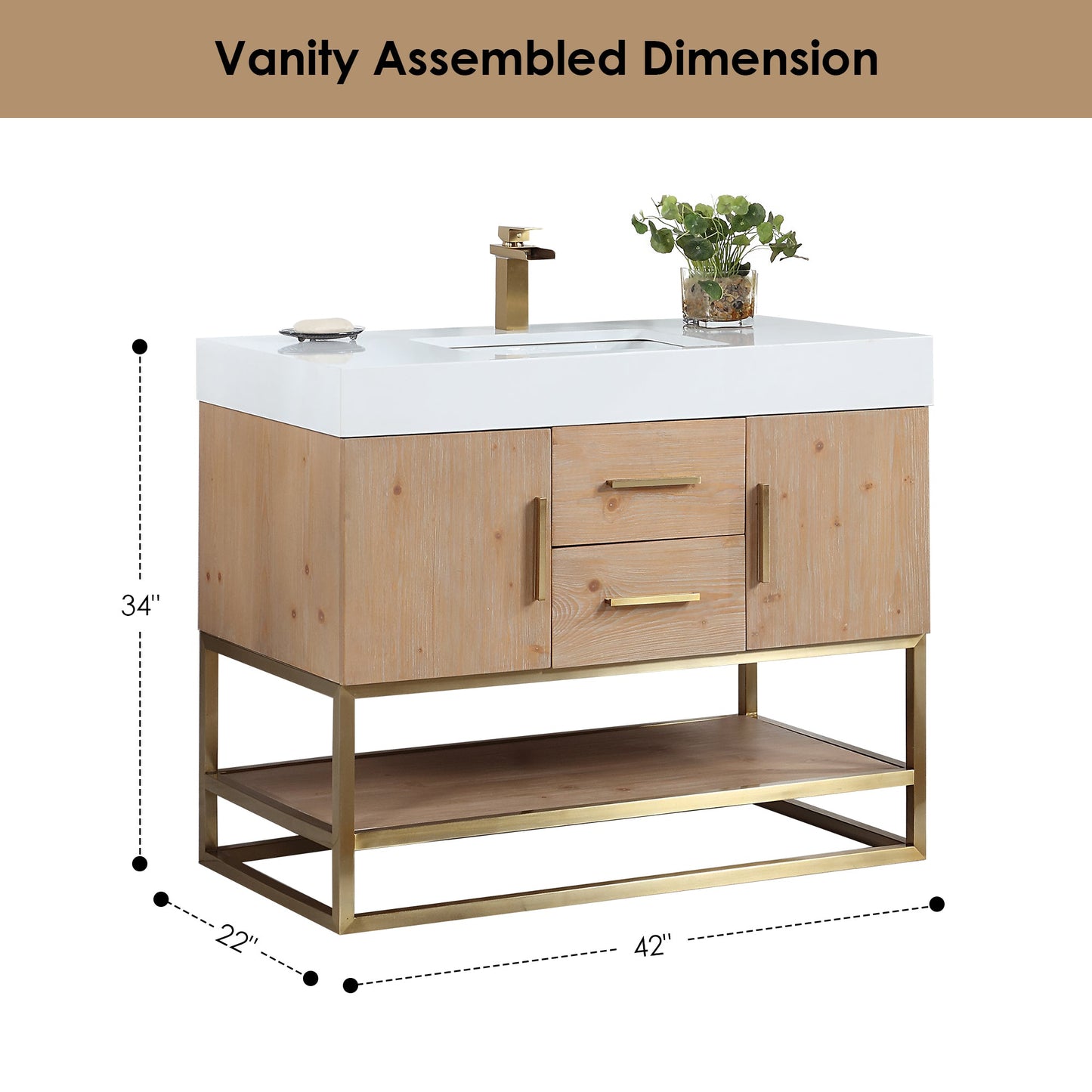 Bianco 42" Single Bathroom Vanity in Light Brown with Brushed Gold Support Base and White Engineered Stone Countertop without Mirror