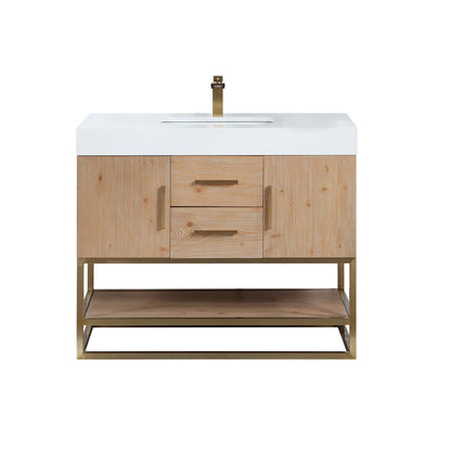 Bianco 42" Single Bathroom Vanity in Light Brown with Brushed Gold Support Base and White Engineered Stone Countertop without Mirror