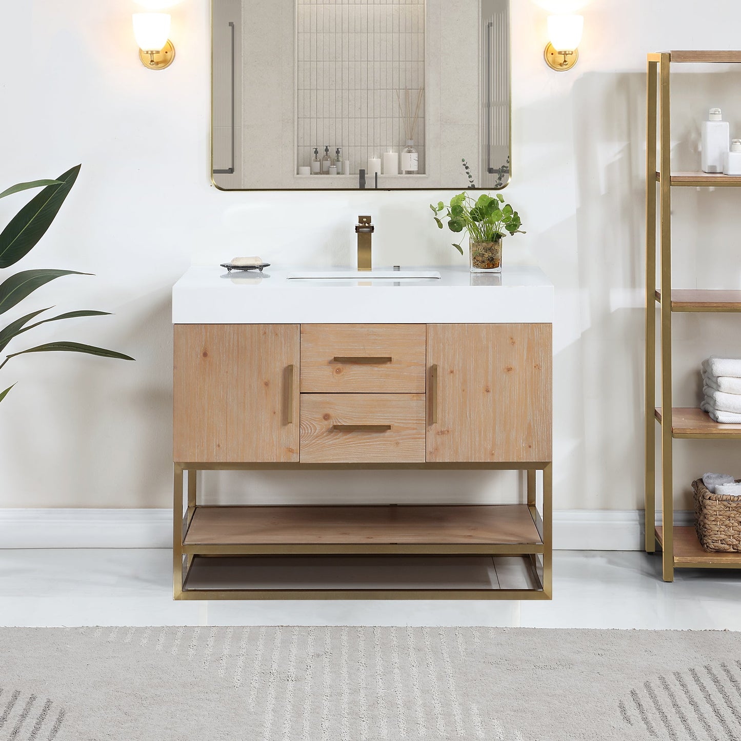 Bianco 42" Single Bathroom Vanity in Light Brown with Brushed Gold Support Base and White Engineered Stone Countertop without Mirror