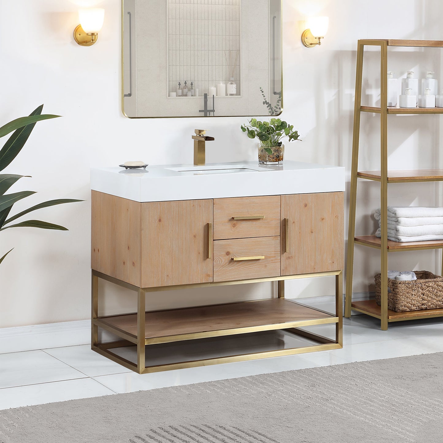Bianco 42" Single Bathroom Vanity in Light Brown with Brushed Gold Support Base and White Engineered Stone Countertop without Mirror