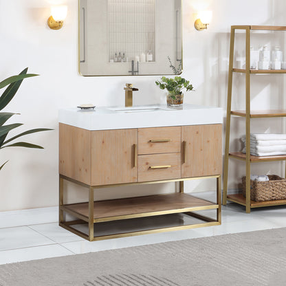 Bianco 42" Single Bathroom Vanity in Light Brown with Brushed Gold Support Base and White Engineered Stone Countertop without Mirror