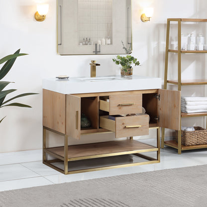 Bianco 42" Single Bathroom Vanity in Light Brown with Brushed Gold Support Base and White Engineered Stone Countertop without Mirror