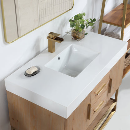 Bianco 42" Single Bathroom Vanity in Light Brown with Brushed Gold Support Base and White Engineered Stone Countertop without Mirror