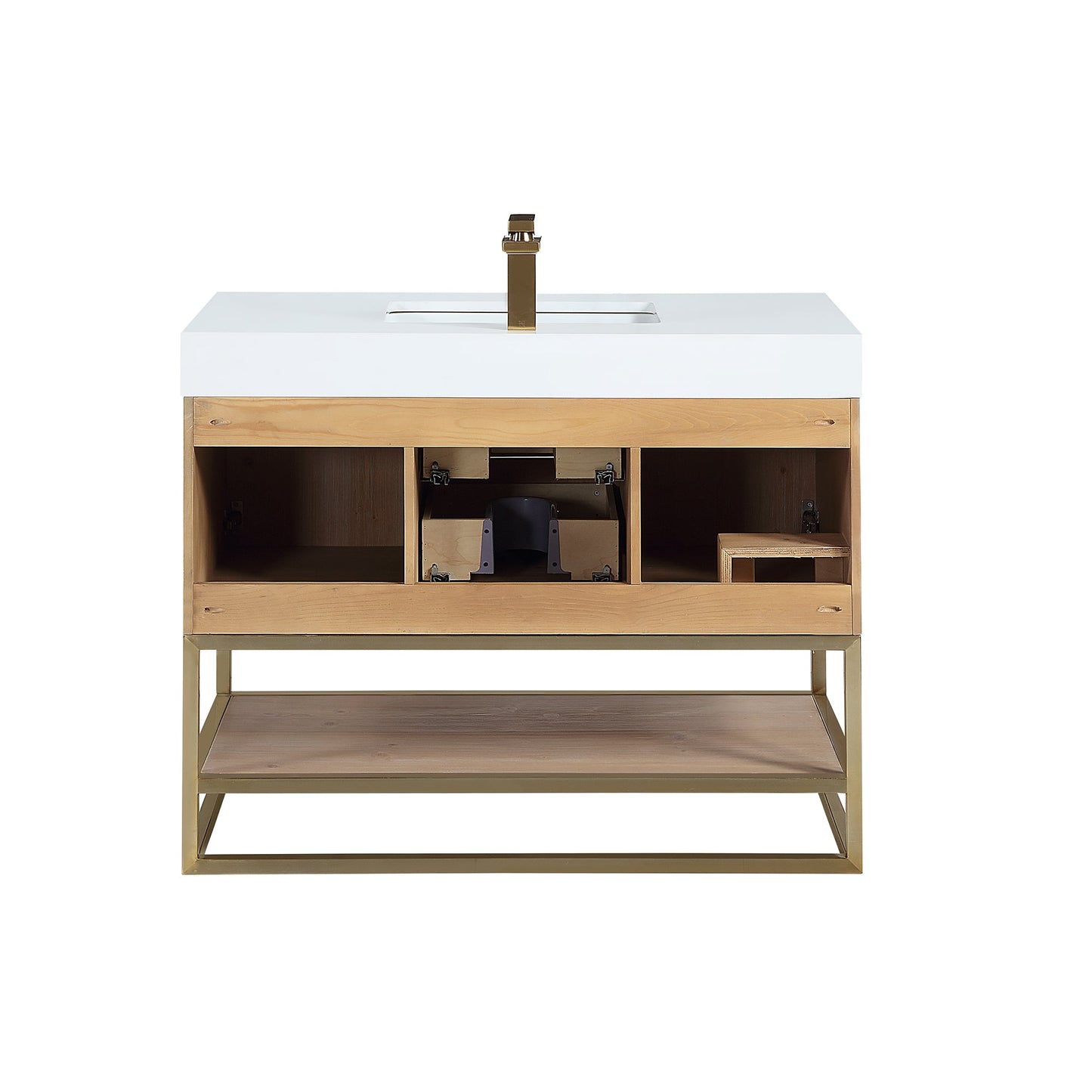 Bianco 42" Single Bathroom Vanity in Light Brown with Brushed Gold Support Base and White Engineered Stone Countertop with Mirror