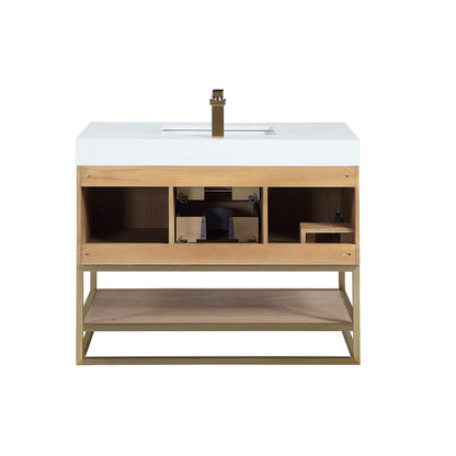 Bianco 42" Single Bathroom Vanity in Light Brown with Brushed Gold Support Base and White Engineered Stone Countertop with Mirror