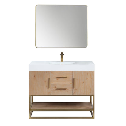 Bianco 42" Single Bathroom Vanity in Light Brown with Brushed Gold Support Base and White Engineered Stone Countertop with Mirror