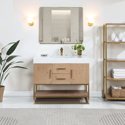 Bianco 42" Single Bathroom Vanity in Light Brown with Brushed Gold Support Base and White Engineered Stone Countertop with Mirror