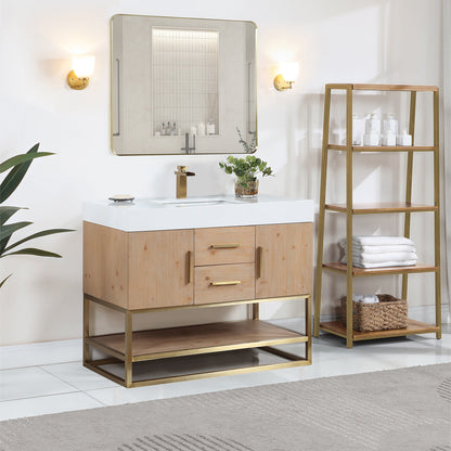 Bianco 42" Single Bathroom Vanity in Light Brown with Brushed Gold Support Base and White Engineered Stone Countertop with Mirror