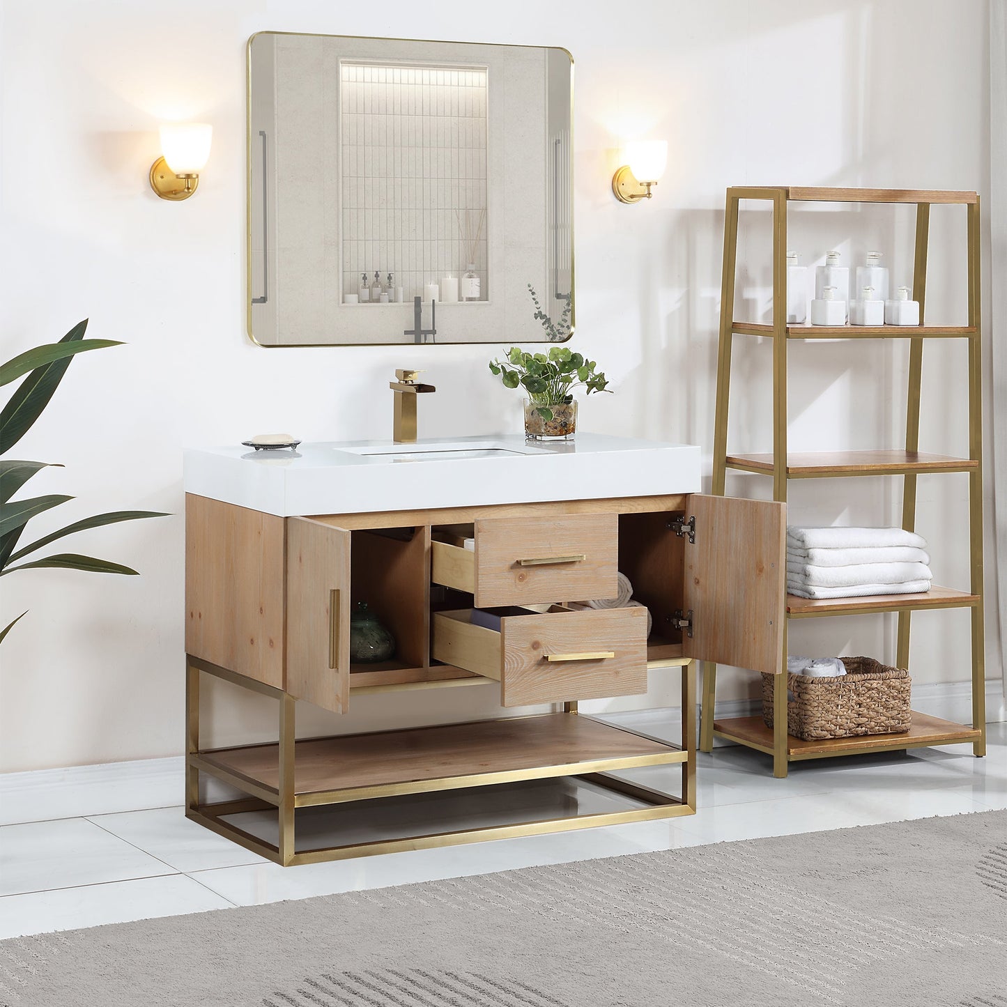 Bianco 42" Single Bathroom Vanity in Light Brown with Brushed Gold Support Base and White Engineered Stone Countertop with Mirror