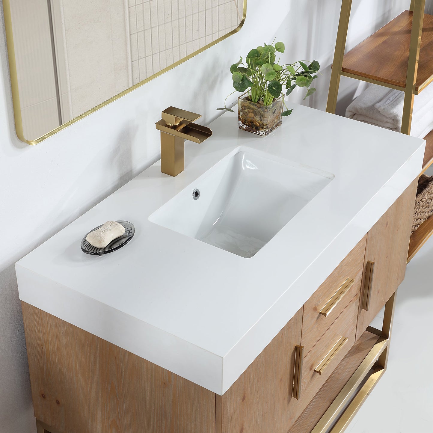 Bianco 42" Single Bathroom Vanity in Light Brown with Brushed Gold Support Base and White Engineered Stone Countertop with Mirror