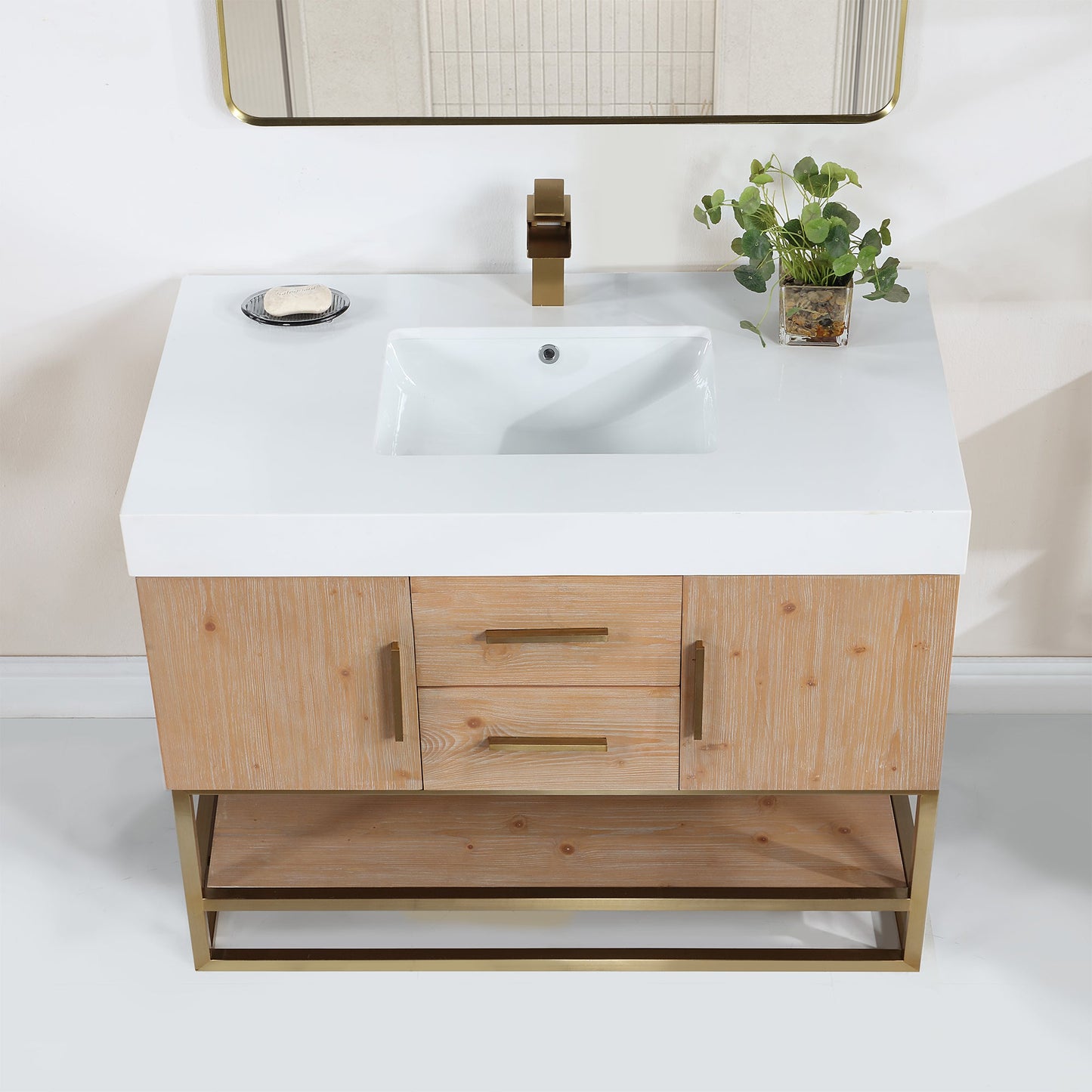 Bianco 42" Single Bathroom Vanity in Light Brown with Brushed Gold Support Base and White Engineered Stone Countertop with Mirror