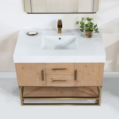 Bianco 42" Single Bathroom Vanity in Light Brown with Brushed Gold Support Base and White Engineered Stone Countertop with Mirror