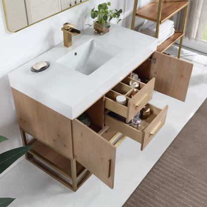 Bianco 42" Single Bathroom Vanity in Light Brown with Brushed Gold Support Base and White Engineered Stone Countertop with Mirror