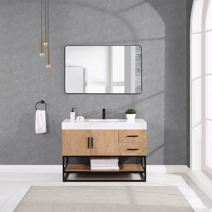 Bianco 48" Single Bathroom Vanity in Light Brown with Matte Black Support Base and White Engineered Stone Countertop without Mirror