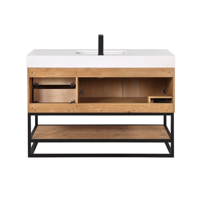 Bianco 48" Single Bathroom Vanity in Light Brown with Matte Black Support Base and White Engineered Stone Countertop without Mirror