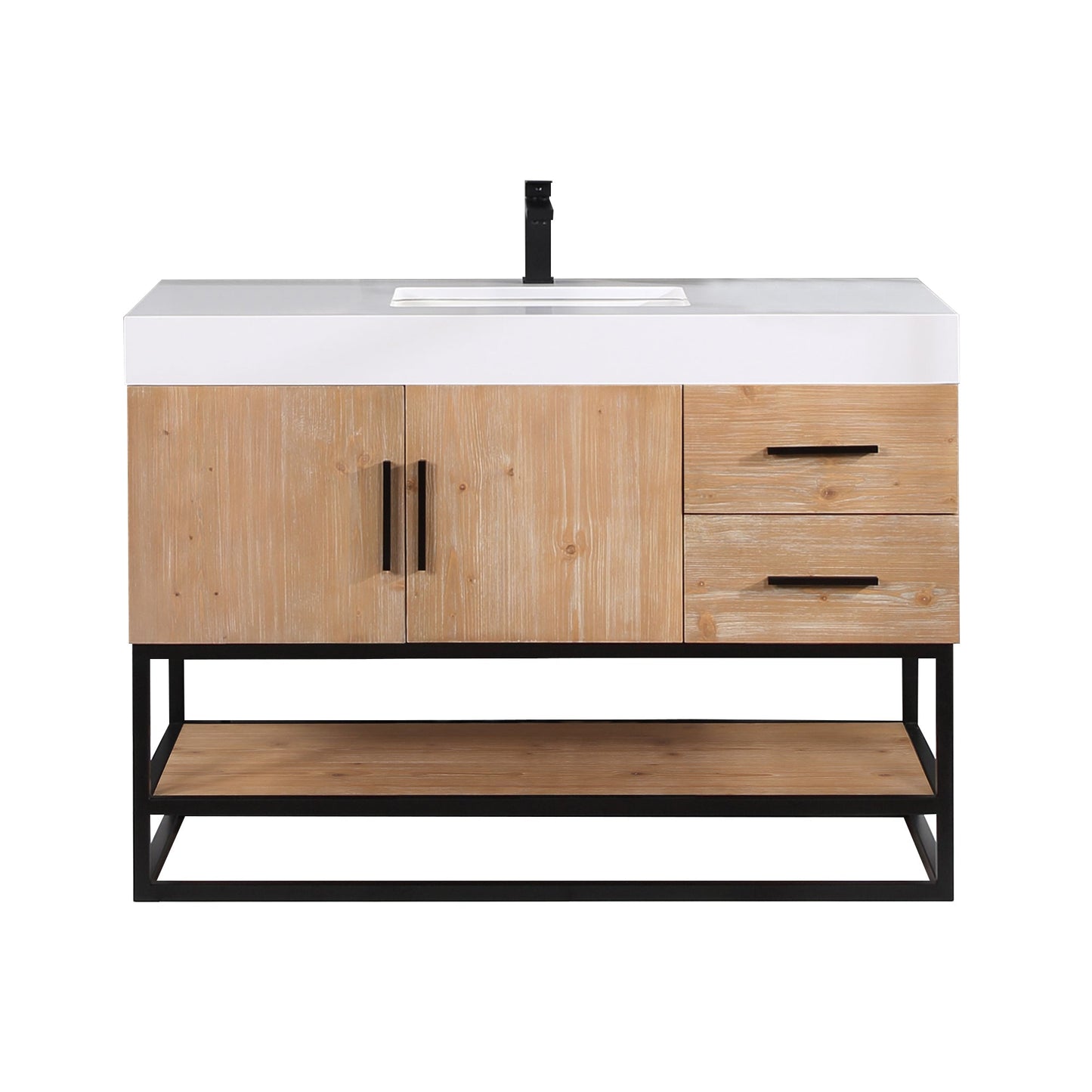 Bianco 48" Single Bathroom Vanity in Light Brown with Matte Black Support Base and White Engineered Stone Countertop without Mirror